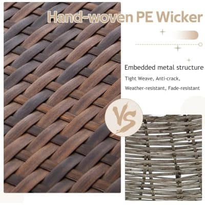 Silk-screened hand-woven PE wicker with embedded metal structure, weather-resistant, anti-crack, fade-resistant, durable seating garden furniture for outdoor or patio use.
