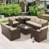 Comfortable outdoor wicker furniture set on a modern patio, ideal for garden relaxation and outdoor entertaining. Featuring a sofa, armchairs, and coffee table with plush cushions, perfect for a stylish backyard sitting area.