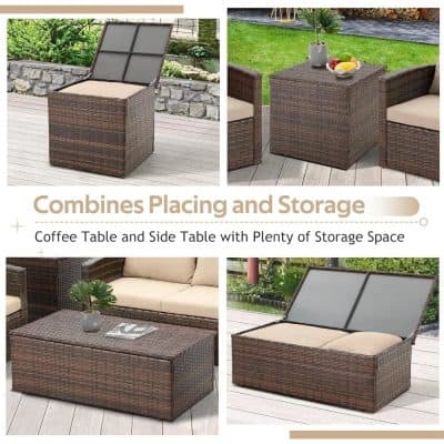 Weatherproof outdoor wicker coffee and side tables with hidden storage compartments for patio and garden lounging furniture.