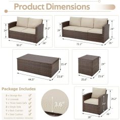 Bright outdoor patio furniture set with wicker design, including sofas, coffee table, and storage box, perfect for outdoor lounging and garden decor.