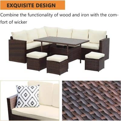Stylish outdoor wicker patio furniture set featuring a corner sofa, square table, and ottomans, combining wood and iron with comfortable cushions for a modern lounge area.