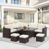 Outdoor patio furniture set featuring a corner sofa, stools, and a table with a fruit bowl and wine bottle, designed for stylish outdoor living and relaxation.