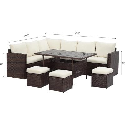 Outdoor patio furniture set, dark woven rattan with cream cushions, includes sectional sofa, coffee table, and ottomans, perfect for garden, deck, or backyard lounging, durable and stylish.
