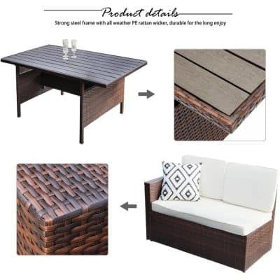 Durable outdoor wicker patio furniture set with weather-resistant PE rattan wicker, including a glass-top table and cushioned sofa, perfect for garden or balcony relaxation.