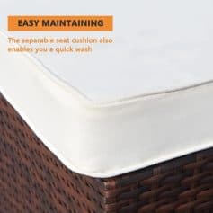 Separable seat cushion for outdoor furniture with quick wash feature, waterproof wicker rattan material, close-up of brown woven wicker compact furniture for garden or patio, Monalisa Medical store product image.