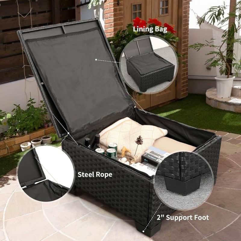 Sturdy outdoor storage box with steel rope, lid lining bag, and 2-inch support legs, perfect for patio organization and outdoor storage solutions.