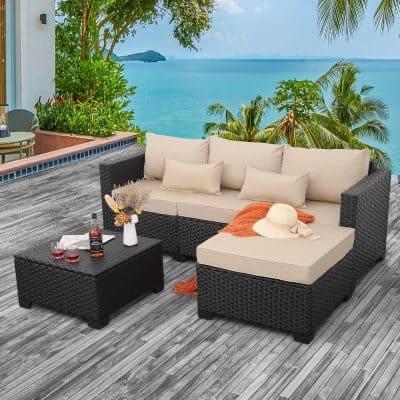Beautiful outdoor patio furniture set with a view of the ocean and tropical palm trees, perfect for relaxing and entertaining at Monalisa Store.