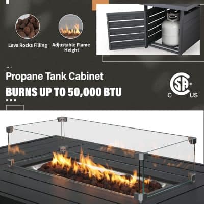 High-quality propane tank cabinet with flame height adjustment and lava rocks filling, designed for safe outdoor use, burns up to 50,000 BTU, perfect for outdoor heating and ambiance, CSA certified.