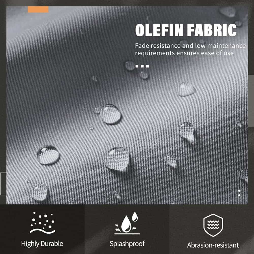 Water-resistant Olefin fabric with water droplets on surface, showcasing durability and water resistance qualities.