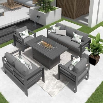 Modern outdoor patio furniture set with fire pit, gray cushioned seating and stylish decor for garden or backyard relaxation.