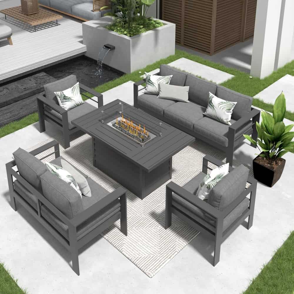 Modern outdoor patio furniture set with comfortable cushioned seating and a sleek fire pit table, perfect for stylish outdoor spaces and relaxing gatherings.