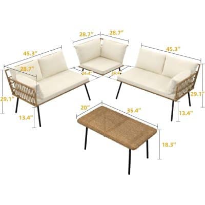 Stylish outdoor rattan sofa set with beige cushions, includes a matching coffee table, perfect for garden, patio, or lounge areas, designed for comfort and durability.