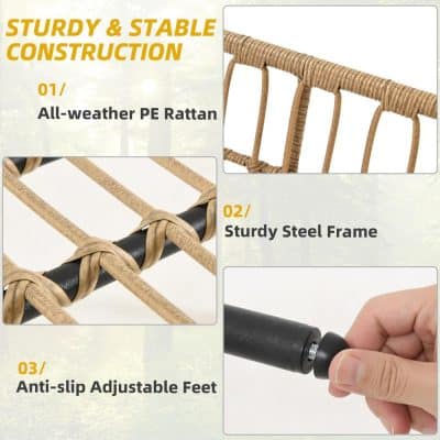 Metal-rattan furniture, durable outdoor furniture, all-weather PE rattan, sturdy steel frame, anti-slip adjustable feet, weatherproof patio furniture, garden furniture, eco-friendly rattan, stable construction, comfortable outdoor seating.