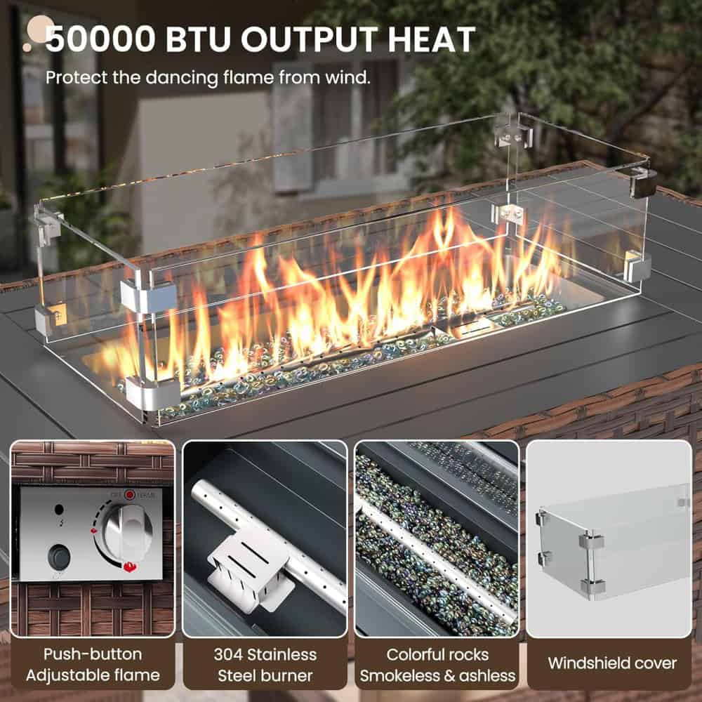 Elegant outdoor gas fire pit with 50,000 BTU output, featuring stainless steel burner and colorful rocks for smokeless, ashless flame. Ideal for heat and ambiance in patio or garden spaces.