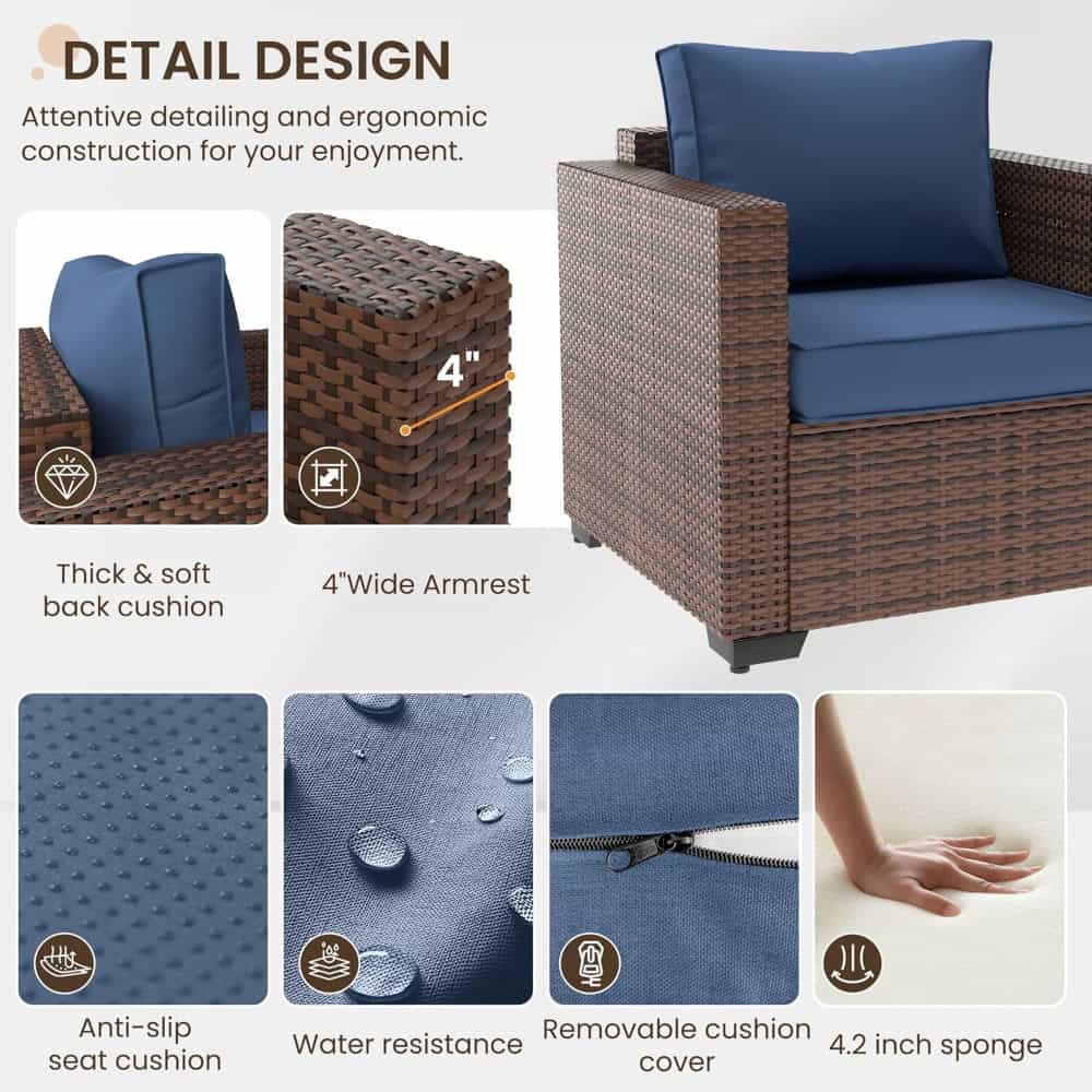 Luxurious outdoor wicker armchair with waterproof, anti-slip cushion, removable cover, ergonomic design, and 4.2-inch sponge padding for ultimate comfort and durability.