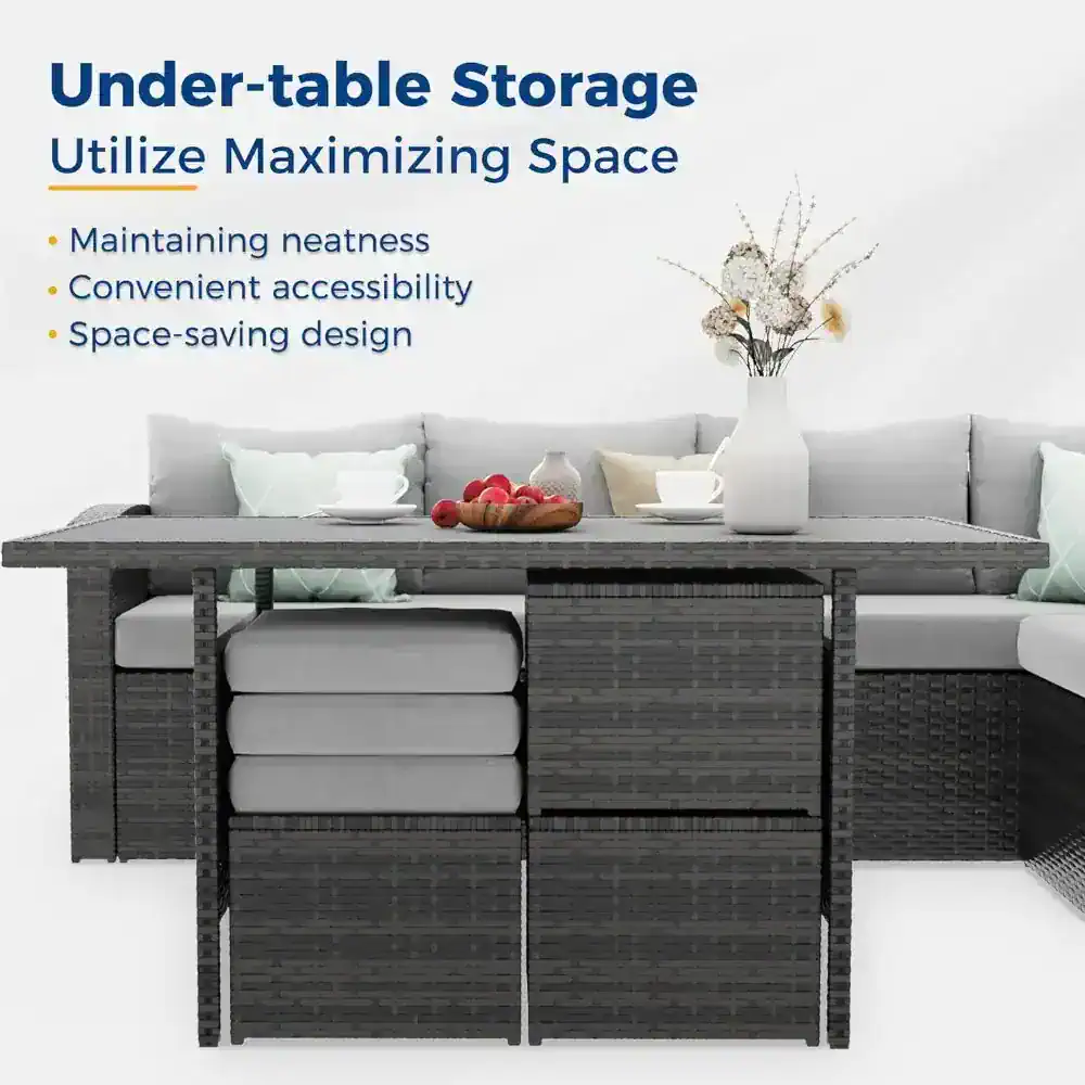 Stylish outdoor rattan dining set with under-table storage, perfect for maximizing space and maintaining neatness in patio or garden areas.