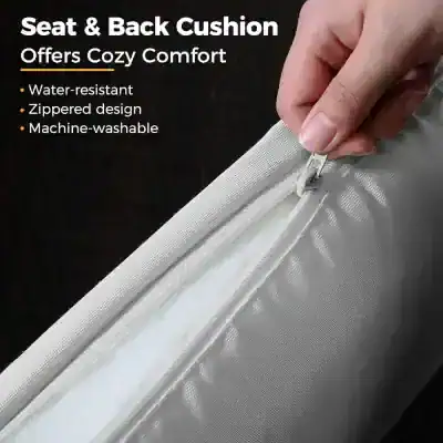 Water-resistant seat and back cushion with zipper design and easy machine washable feature for enhanced comfort and convenience.