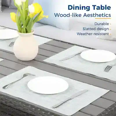 Elegant wood-like dining table with sleek slatted design, weather-resistant surface, ideal for modern home decor and outdoor dining spaces. Perfect blend of durability and aesthetic appeal.