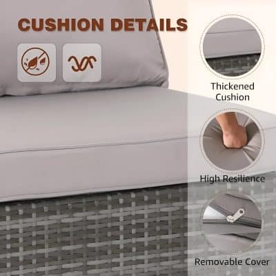Comfortable grey cushion with thickened padding, high resilience material, and a removable cover, designed for outdoor furniture and perfect for enhancing the seating experience.