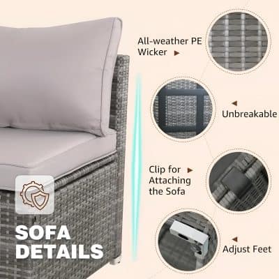 All-weather PE wicker outdoor sofa with durable, unbreakable design and adjustable feet for comfort and stability. Features clip attachment for seamless sofa customization and reinforced woven material.