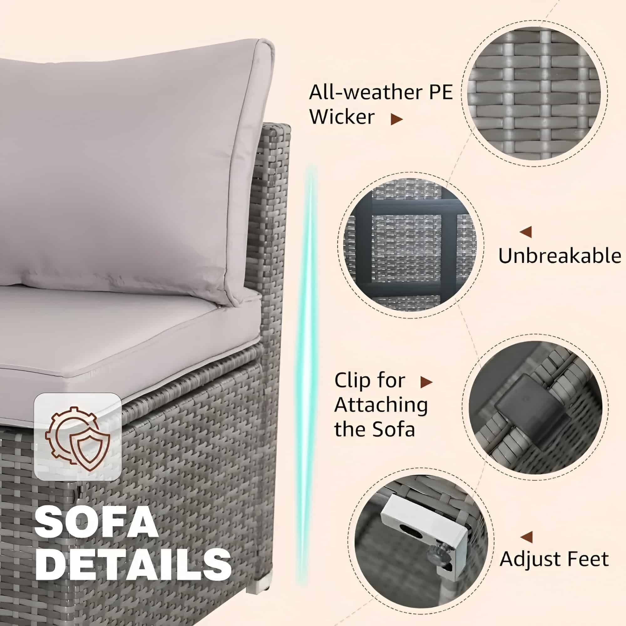 All-weather PE wicker outdoor sofa with durable, unbreakable design and adjustable feet for comfort and stability. Features clip attachment for seamless sofa customization and reinforced woven material.