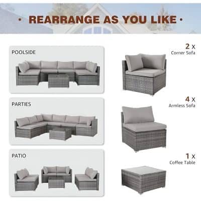 Stylish outdoor wicker patio furniture set with sofas, corner sofa, armless chairs, and coffee table, perfect for garden or backyard lounging.