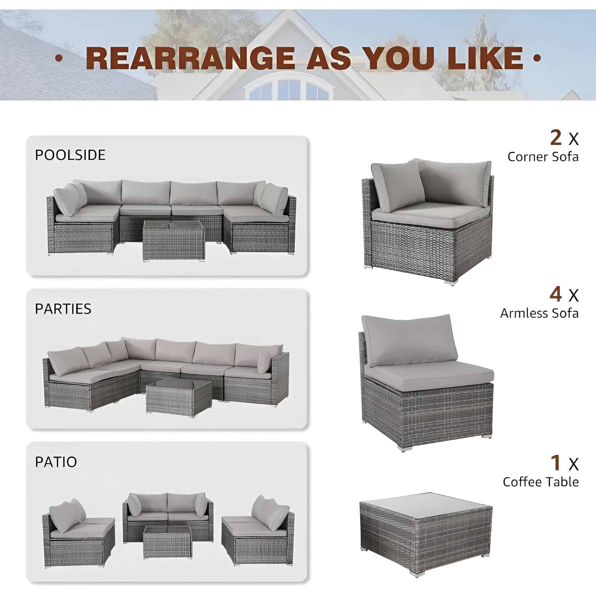 Stylish outdoor wicker patio furniture set with sofas, corner sofa, armless chairs, and coffee table, perfect for garden or backyard lounging.