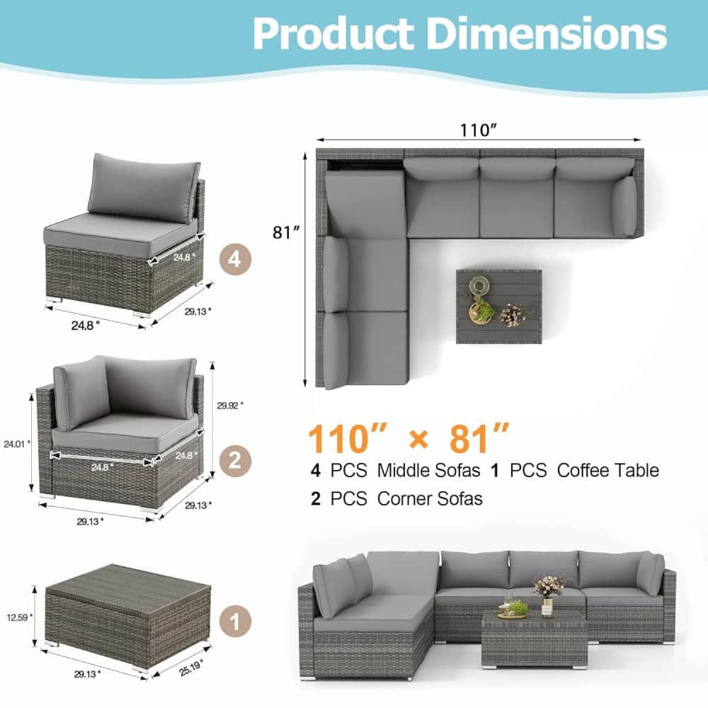 Elegant outdoor wicker sectional sofa set with gray cushions and coffee table, perfect for patio or garden entertaining. Dimensions: 110" x 81", includes corner and middle sofas plus a coffee table.