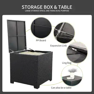 Stylish outdoor storage box with spacious interior, durable PP board construction, and multifunctional design as a table or storage solution. Perfect for patio or garden organization.