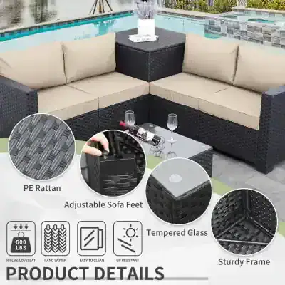 Stylish outdoor rattan sofa with tempered glass table, sturdy frame, and adjustable sofa feet, perfect for patio or poolside lounging, weather-resistant, easy to clean, designed for comfort and durability.