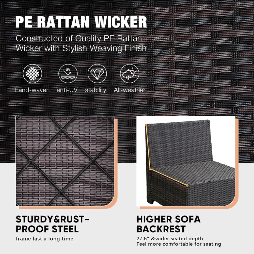 Durable PE rattan wicker outdoor furniture with stylish weaving finish, UV resistant, hand-woven, all-weather protection, ideal for patios and gardens.