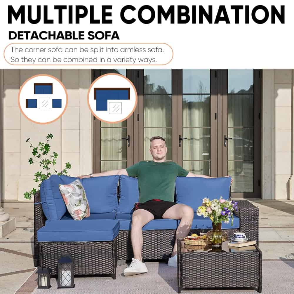 Comfortable outdoor sofa set designed for stylish garden or patio lounging, featuring a modular, detachable corner sofa with blue cushions and wicker finish, perfect for relaxing and family gatherings.