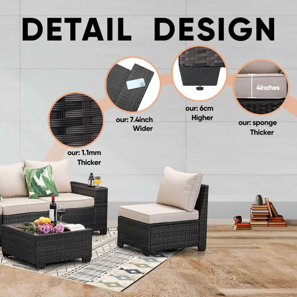 Soft outdoor wicker furniture set with beige cushions on a wooden deck, decorated with vibrant pillows and a tray with drinks and flowers, perfect for relaxing spaces.