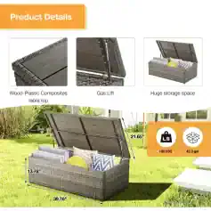 Wood-Plastic Composite outdoor storage chest with gas lift and large capacity for garden accessories and cushions, weather-resistant wicker design.