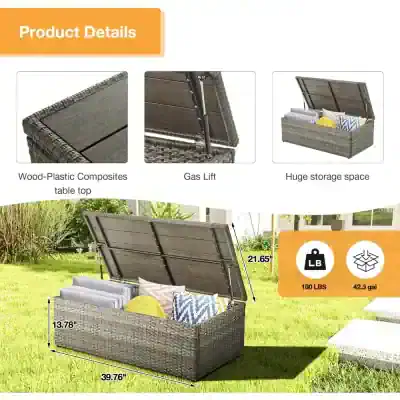 Wood-Plastic Composite outdoor storage chest with gas lift and large capacity for garden accessories and cushions, weather-resistant wicker design.