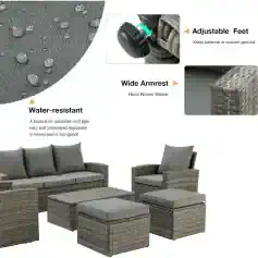 Water-resistant outdoor wicker furniture with adjustable feet and wide armrests, perfect for patios and gardens. Designed to withstand light rain and provide comfort in any outdoor space.
