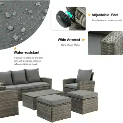 Water-resistant outdoor wicker furniture with adjustable feet and wide armrests, perfect for patios and gardens. Designed to withstand light rain and provide comfort in any outdoor space.