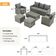 Stylish outdoor wicker patio furniture set with sofa, chairs, ottomans, and storage table, perfect for garden or porch relaxation. Durable rattan design with comfortable cushions.