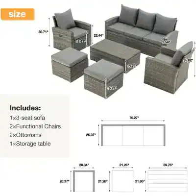 Stylish outdoor wicker patio furniture set with sofa, chairs, ottomans, and storage table, perfect for garden or porch relaxation. Durable rattan design with comfortable cushions.