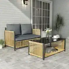 Modern outdoor furniture set with rattan accents and grey cushions, perfect for garden or patio relaxation.