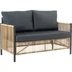 Modern rattan and metal sofa with black cushions, perfect for outdoor or indoor relaxation, stylish furniture for homes and gardens.