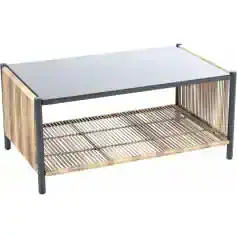Stylish modern coffee table with a black glass top and rattan details, perfect for contemporary living rooms or outdoor patio spaces. Durable and trendy furniture for home or office.