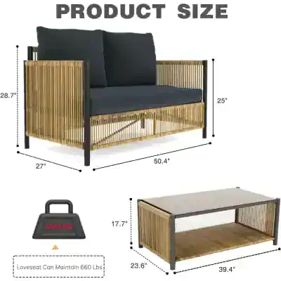 Dark gray cushioned outdoor sofa with bamboo frame, ideal for patio furniture and modern backyard seating.