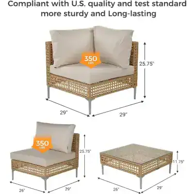 Outdoor wicker patio furniture set, includes loveseat, single chair, and coffee table with weather-resistant cushions, perfect for stylish garden or porch seating.