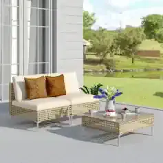 Elegant outdoor patio furniture with neutral cushions and decorative pillows, set in a peaceful garden view; perfect for relaxing and entertaining.