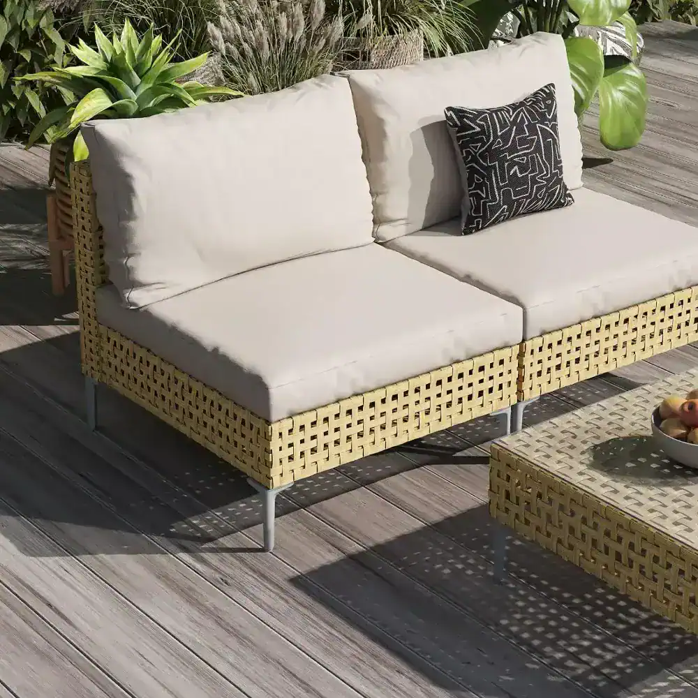 Luxurious outdoor sofa set with beige cushions and woven rattan design, perfect for stylish patio or garden lounging. Includes matching coffee table, ideal for modern outdoor furniture decor.