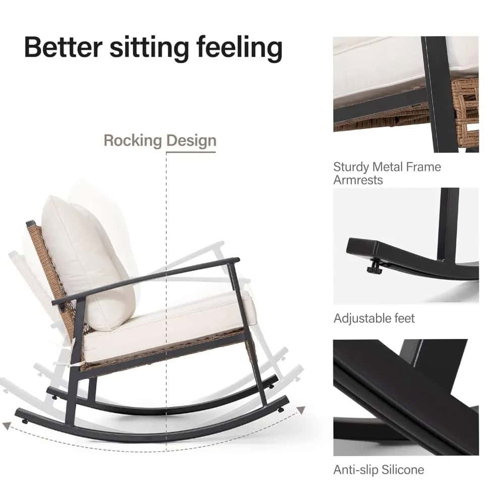 Comfortable outdoor rocking chair with sturdy metal frame and anti-slip silicone feet for enhanced safety. Features adjustable legs and armrests, perfect for relaxation.