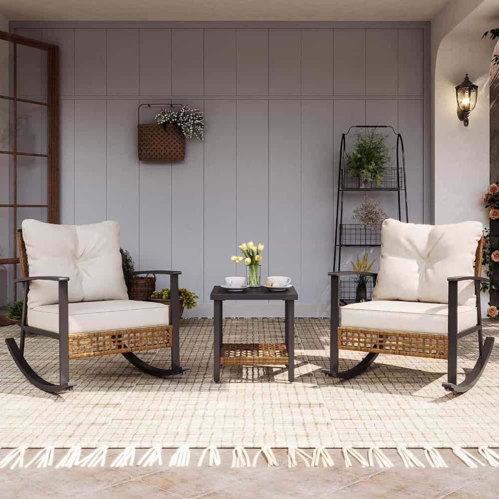 Relaxing outdoor patio with comfortable rattan rocking chairs and a cozy side table, perfect for enjoying sunny days and peaceful moments, emphasizing stylish outdoor furniture from Monalisa Store.