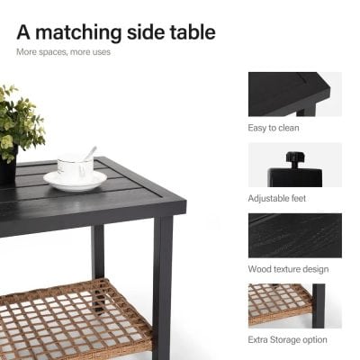 Elegant black matching side table with wood texture design, adjustable feet, easy to clean, and extra storage shelf, perfect for modern home decor and functional living space enhancement.