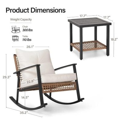 Modern outdoor rocking chair with white cushion and black frame, perfect for relaxing spaces. Stylish design offering durable comfort, ideal for garden or patio use.